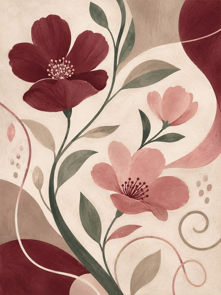 Art Nouveau Floral Wall Art: Burgundy and Pink Botanical Design - artwork on paper