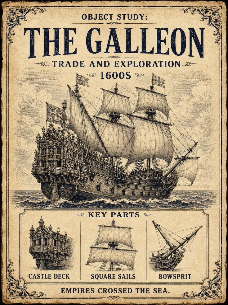 Galleon Ship Print — Vintage 1600s Maritime Exploration Art - artwork on paper