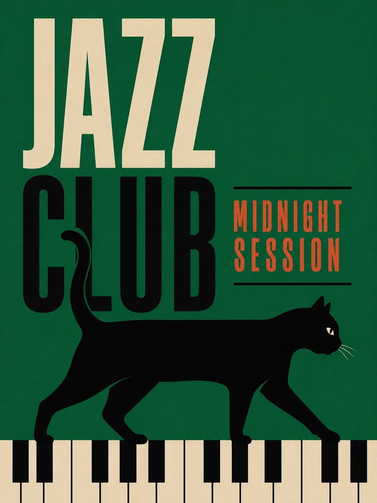 Jazz Club Wall Art: Vintage Black Cat and Piano Poster - artwork on paper