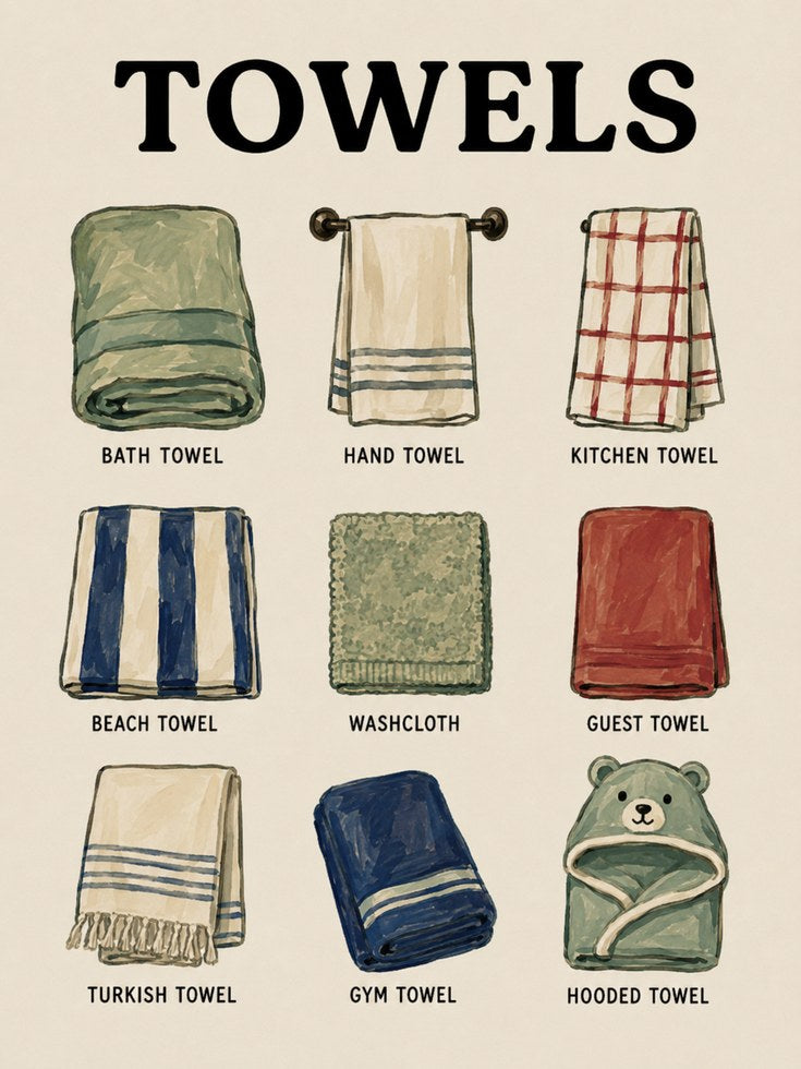 Towels Types Guide Print: Vintage Illustration Wall Art - artwork on paper