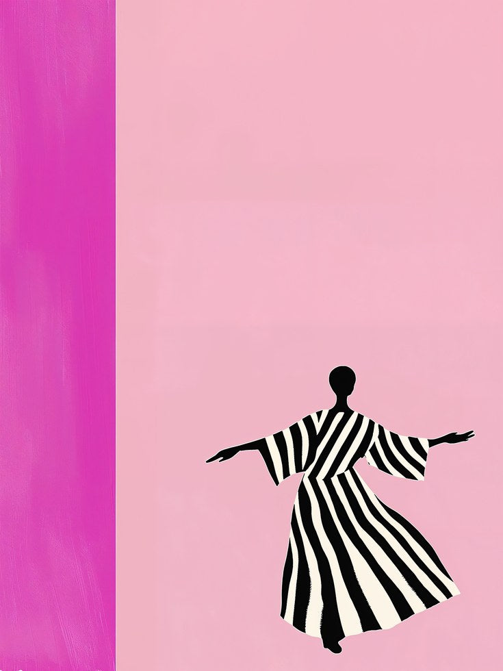 Dancing Figure Wall Art: Zebra Stripes on Pink Background - artwork on paper