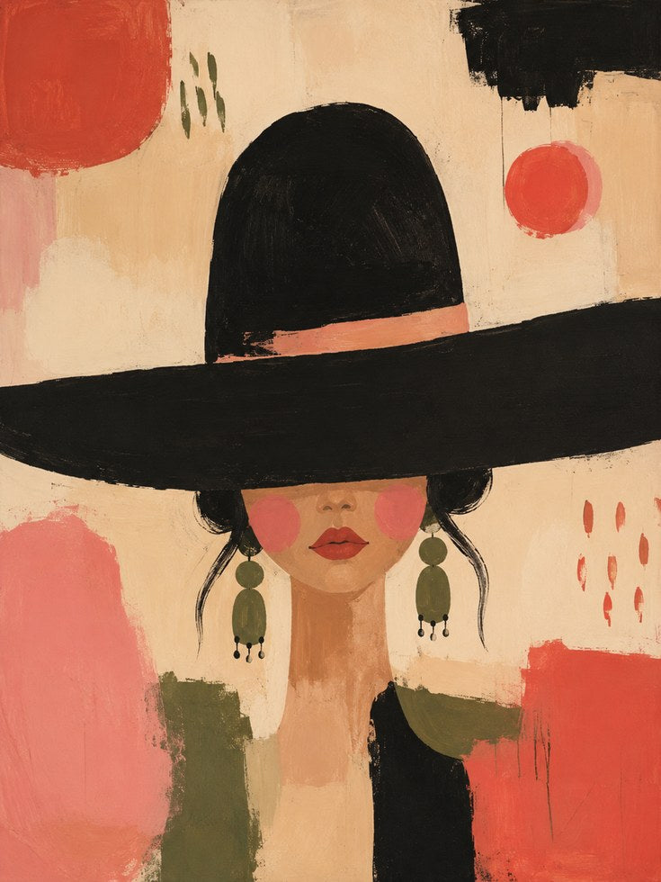 Woman in Black Hat Art Print: Modern Abstract Portrait - artwork on paper