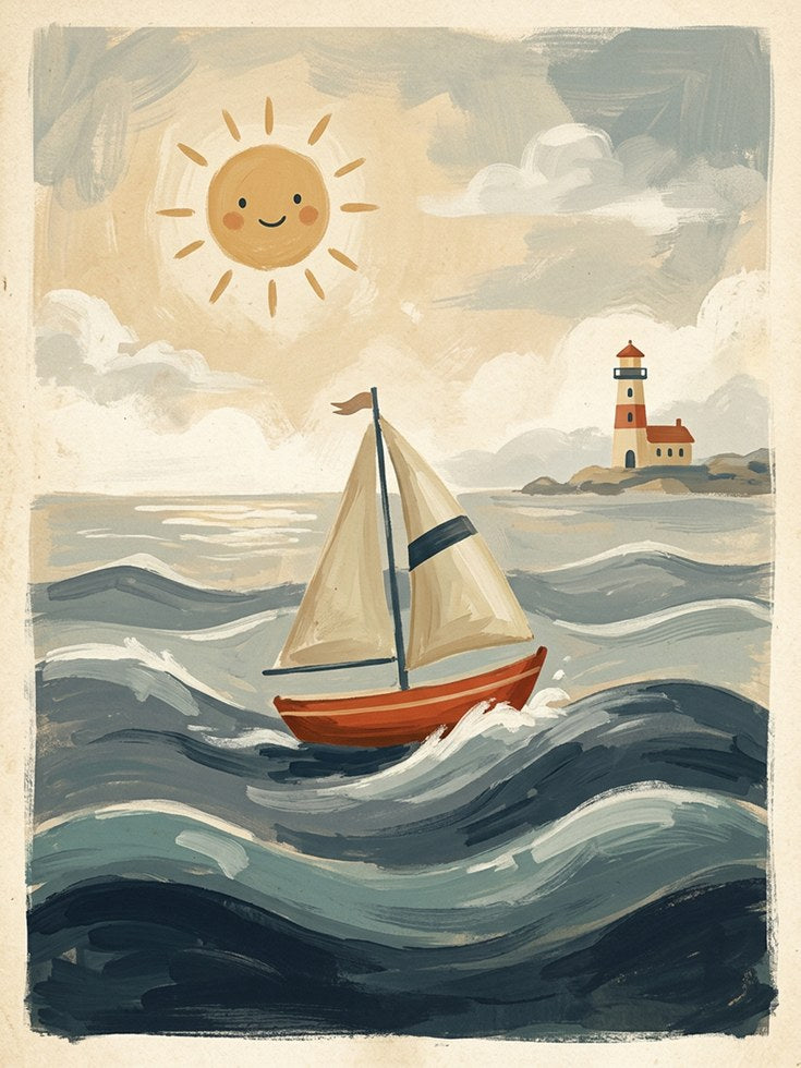 Whimsical Sailboat and Lighthouse Art Print: Coastal Nursery Scene - artwork on paper