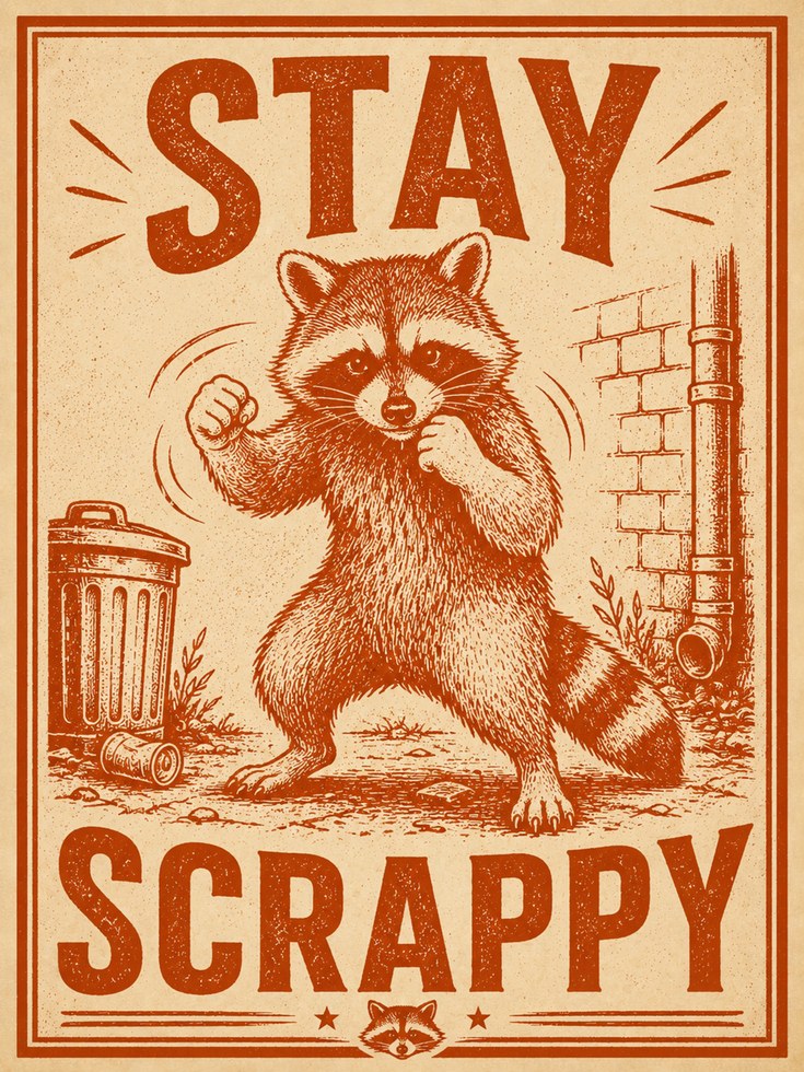 Stay Scrappy Raccoon Poster: Vintage Propaganda Style Art Print - artwork on paper