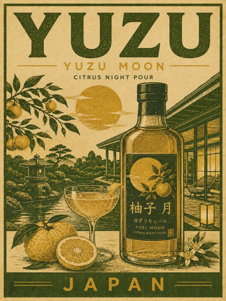 Yuzu Citrus Print: Vintage Japanese Poster (Kitchen or Bar Wall Art) - artwork on paper
