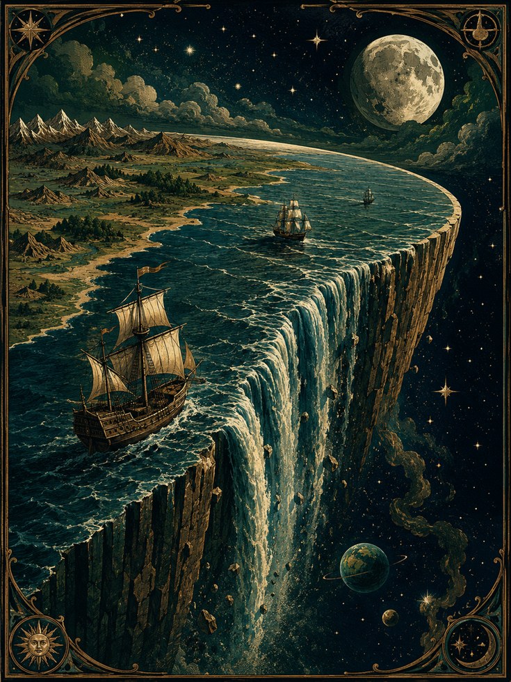 Flat Earth Sailing Ship Print: Vintage Celestial Map Art - artwork on paper