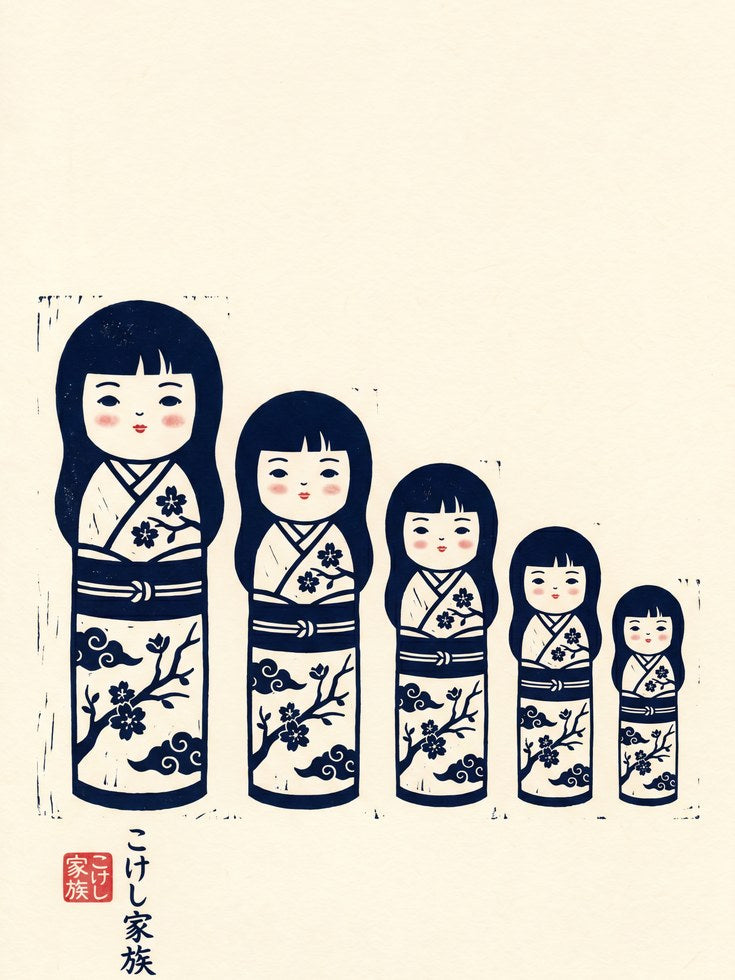 Japanese Kokeshi Dolls Print: Vintage Style Nursery Art - artwork on paper