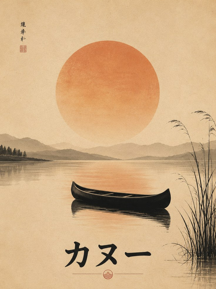 Japanese Canoe Sunset Print: Minimalist Lake Landscape Art - artwork on paper