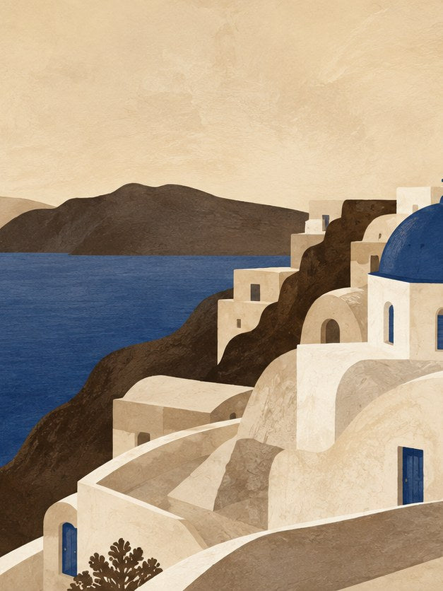 Greek Island Village Art Print: Minimalist Coastal Architecture - artwork on paper