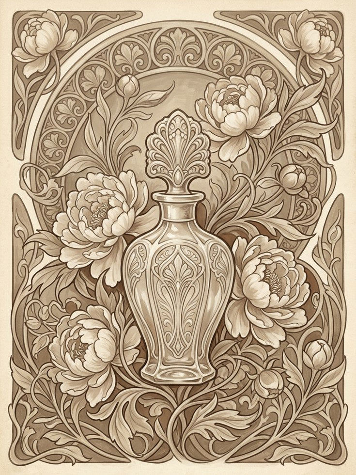 Art Nouveau Peony Vase Print: Sepia Decorative Floral Design - artwork on paper