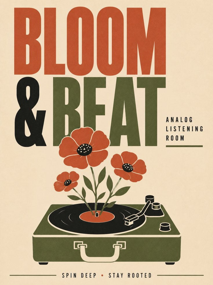 Bloom and Beat Art Print: Retro Turntable with Poppies Poster - artwork on paper