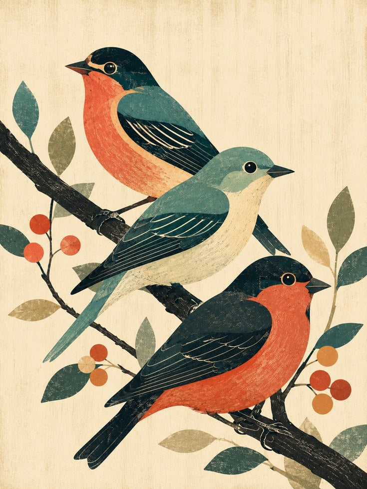 Vintage Songbirds Art Print: Mid-Century Modern Bird Illustration - artwork on paper