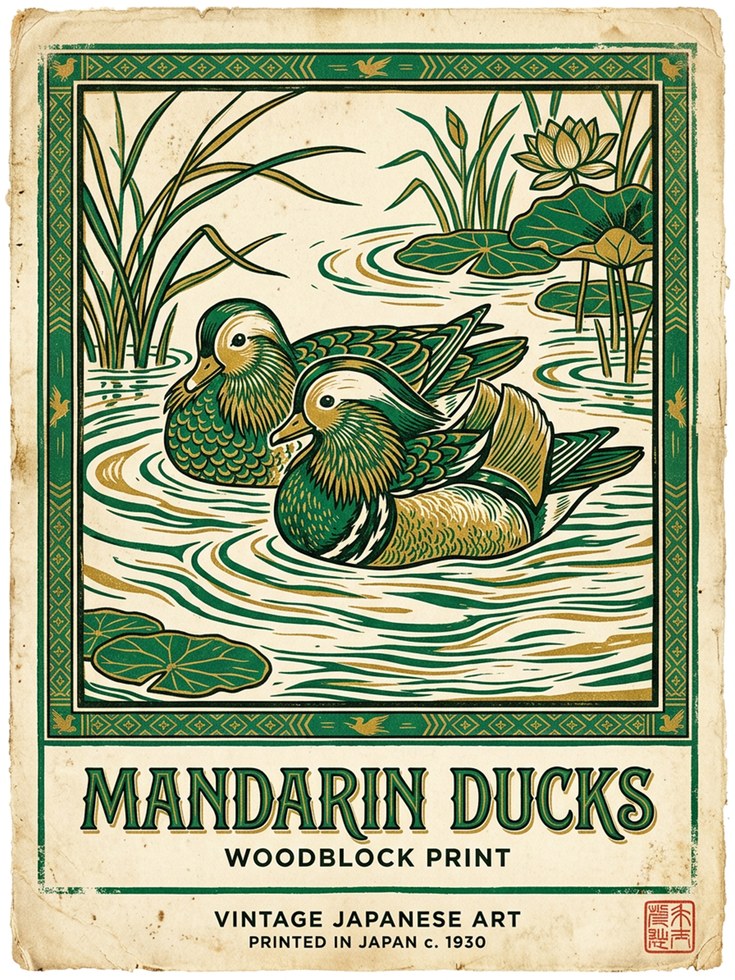 Mandarin Ducks Japanese Woodblock Print — Vintage Oriental Art - artwork on paper