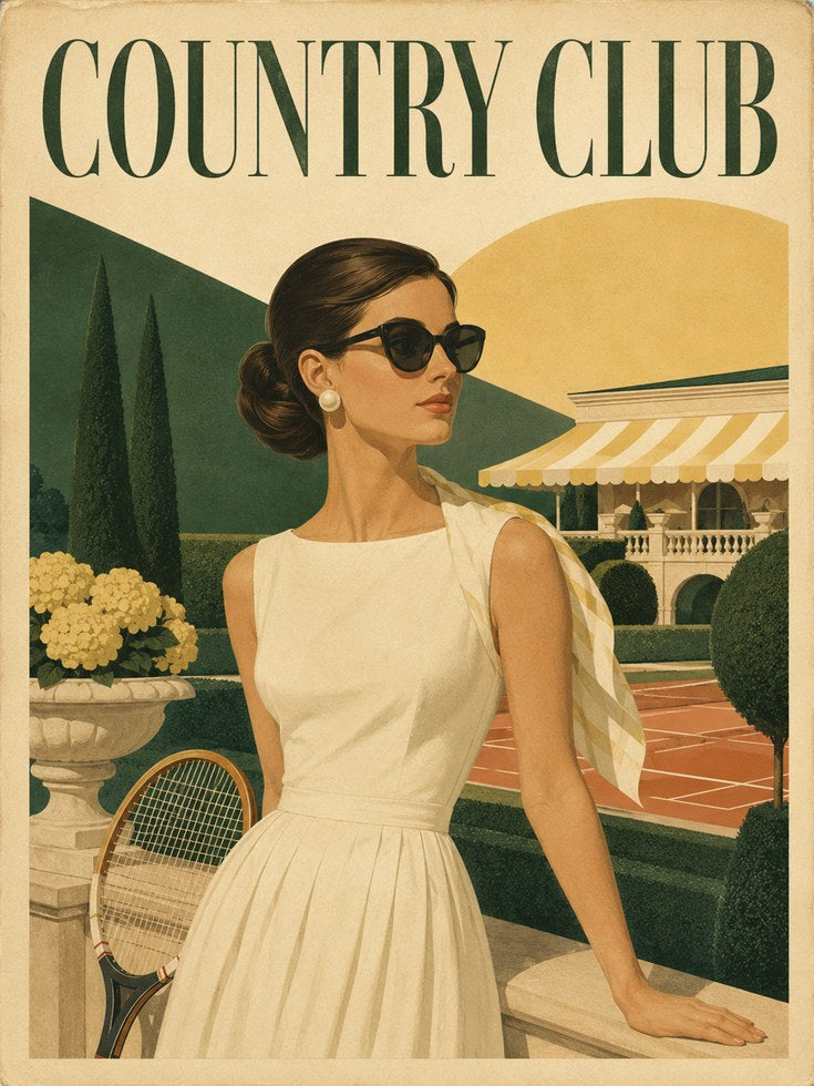 Country Club Tennis Poster: Vintage Retro Elegance Art Print - artwork on paper