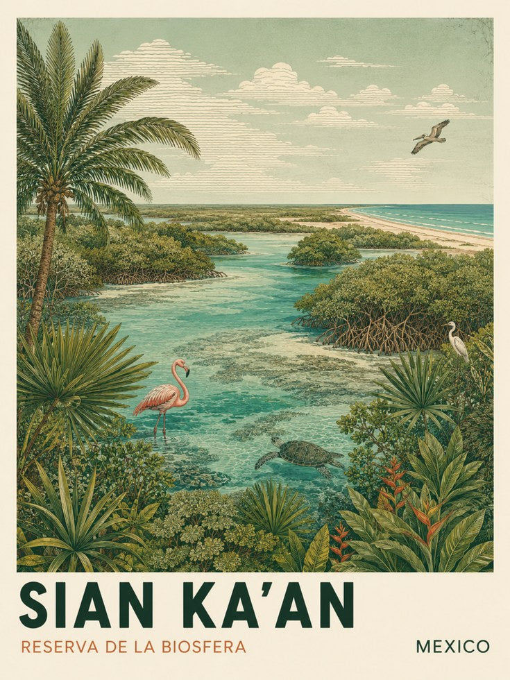 Vintage Travel Poster – Sian Kaan Mexico Print - artwork on paper