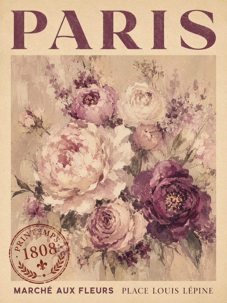 Paris Travel Poster – Vintage Floral Print - artwork on paper