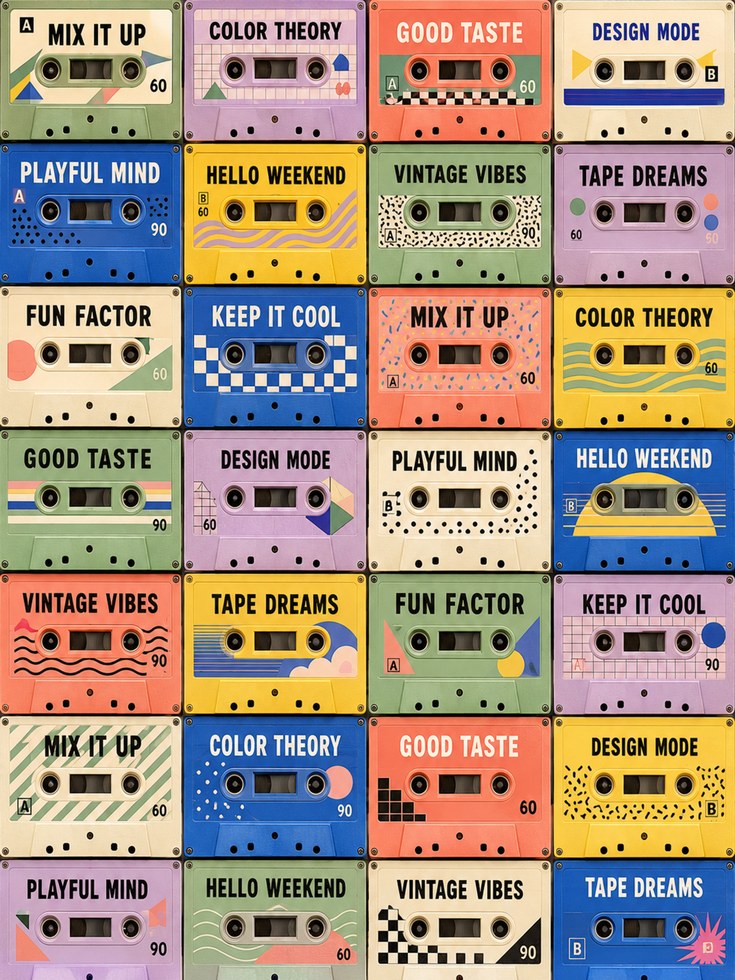 90s Retro Cassette Print – Colorful Grid - artwork on paper