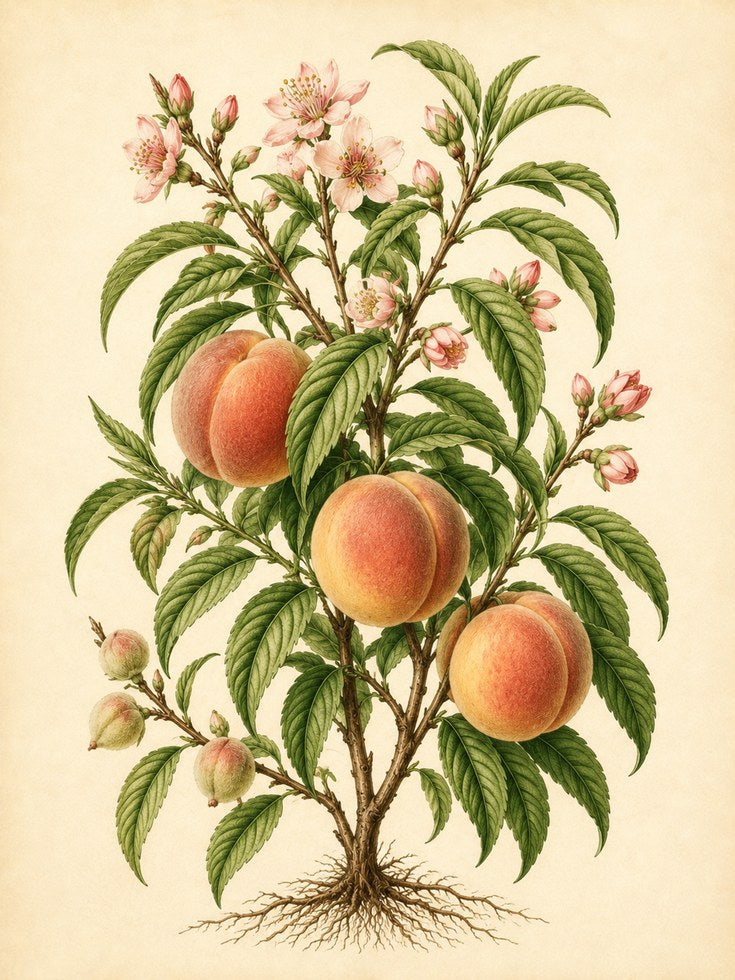 Vintage Peach Botanical Print — Hand-Painted Fruit Tree Illustration - artwork on paper