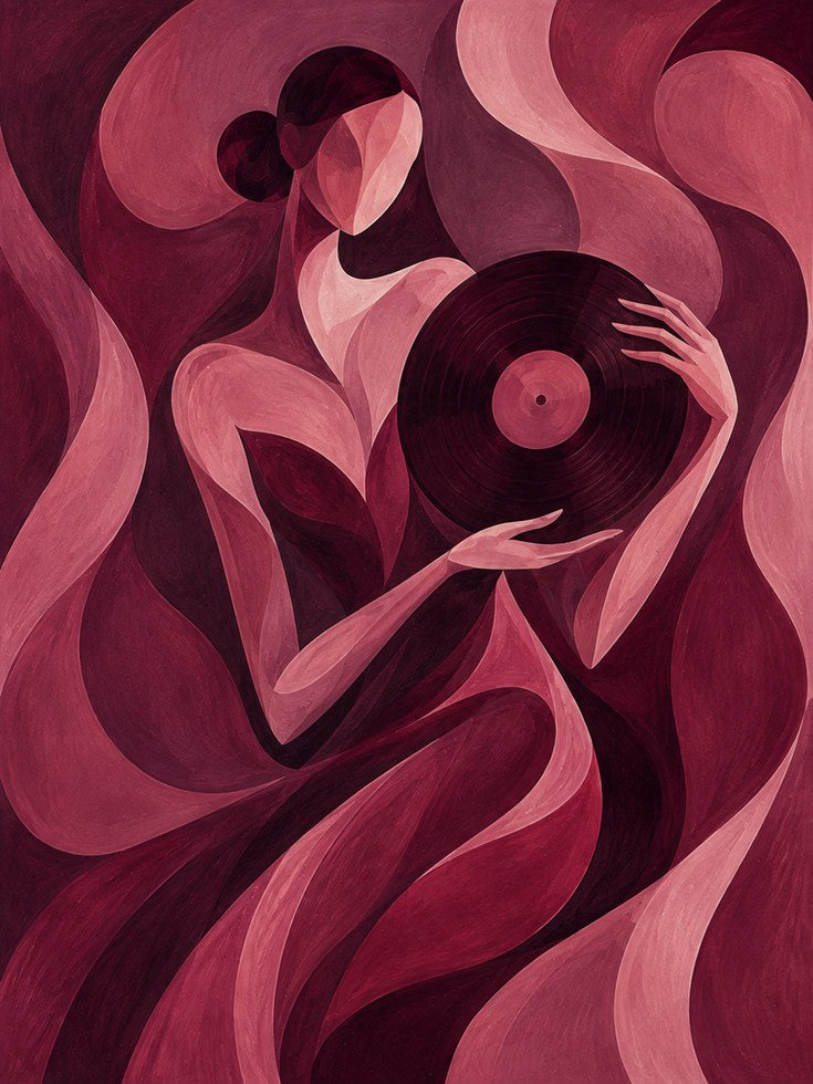 Vinyl Record Listener Art Print: Art Deco Style in Burgundy Pink - artwork on paper