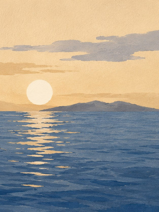 Minimalist Ocean Sunset Print: Peach and Blue Seascape Art - artwork on paper