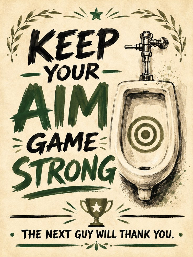 Keep Your Aim Game Strong: Vintage Bathroom Humor Wall Art - artwork on paper