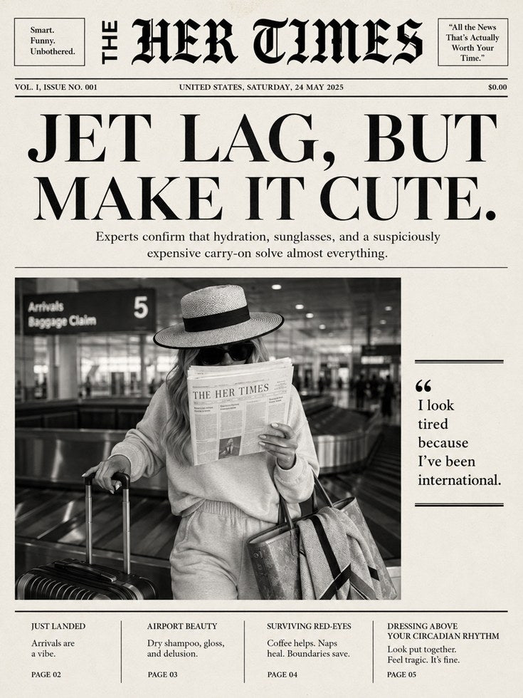Jet Lag Travel Newspaper Print: Vintage Black and White Art - artwork on paper
