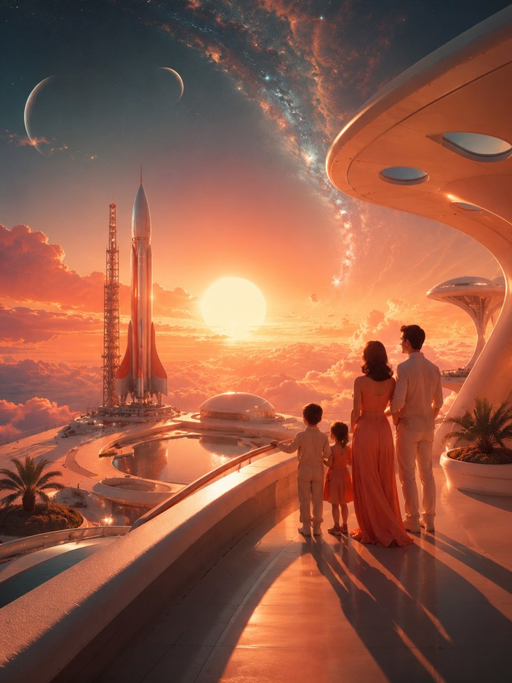 Retro Futuristic Space Colony Art Print: Orange Sunset Vision - artwork on paper