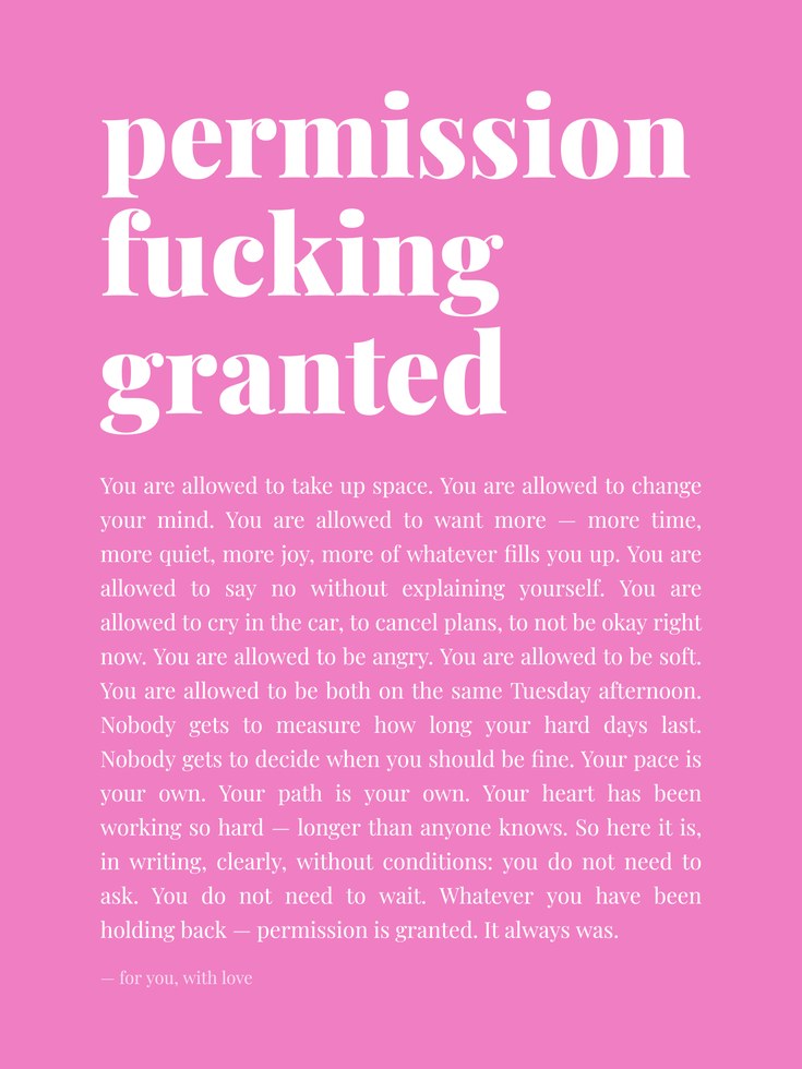 Permission Granted Typography Print: Pink Motivational Wall Art - artwork on paper