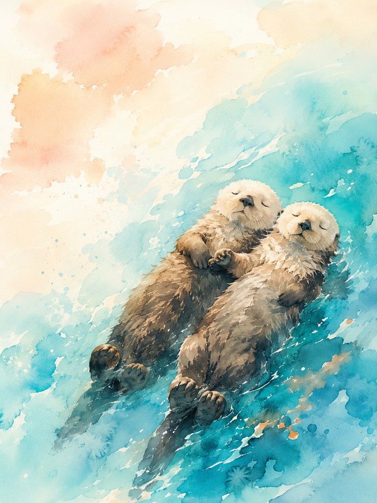 Otters Holding Hands Art Print: Watercolor Aqua and Peach - artwork on paper