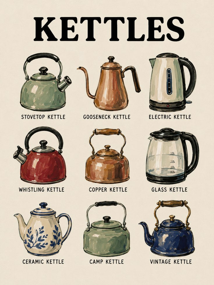 Kettle Types Poster – Kitchen Decor Print - artwork on paper