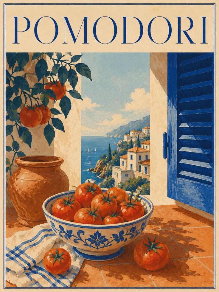Amalfi Coast Tomato Print: Retro Mediterranean Art (Multiple Sizes) - artwork on paper
