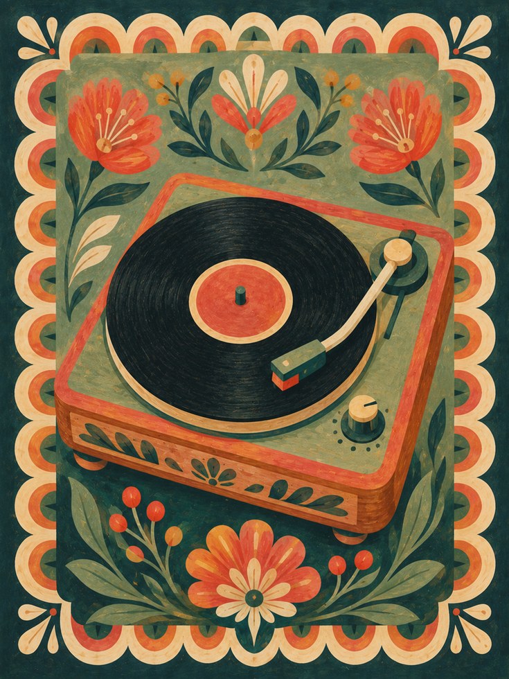 Folk Art Record Player – Retro Vinyl Wall Art - artwork on paper