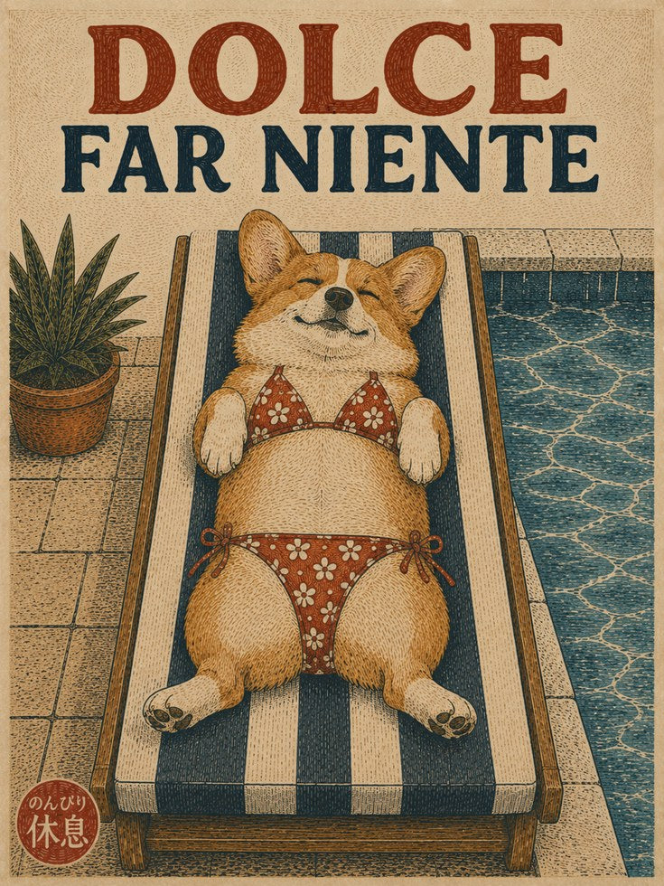 Corgi Pool Art – Dolce Far Niente Dog Print - artwork on paper