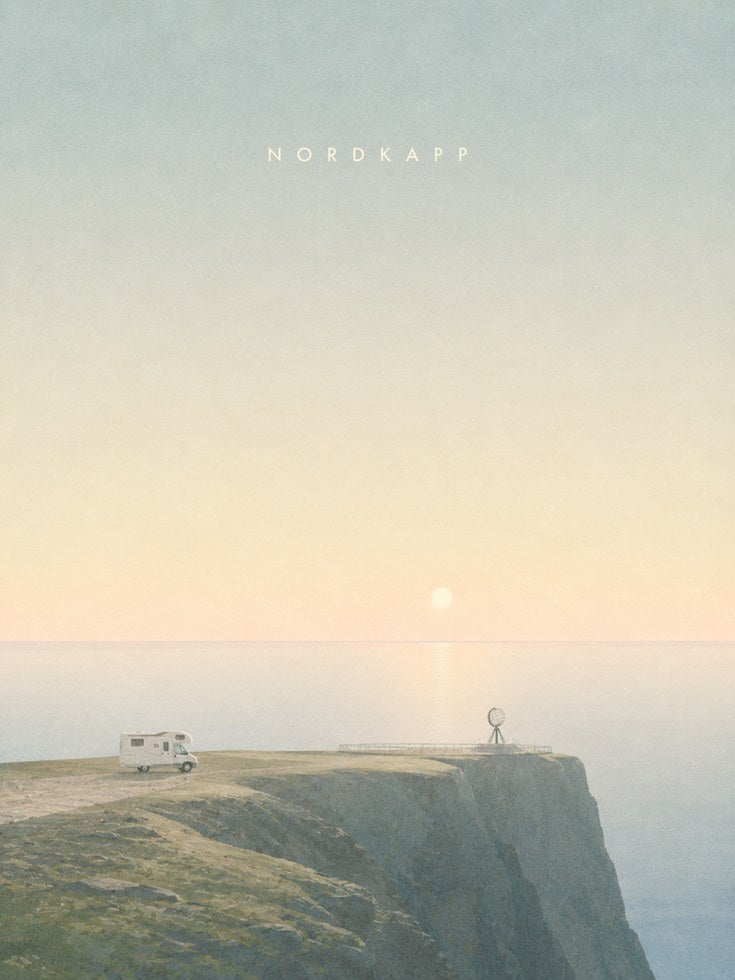 Coastal Cliff Camper Van Print: Minimalist Nordic Landscape Art - artwork on paper