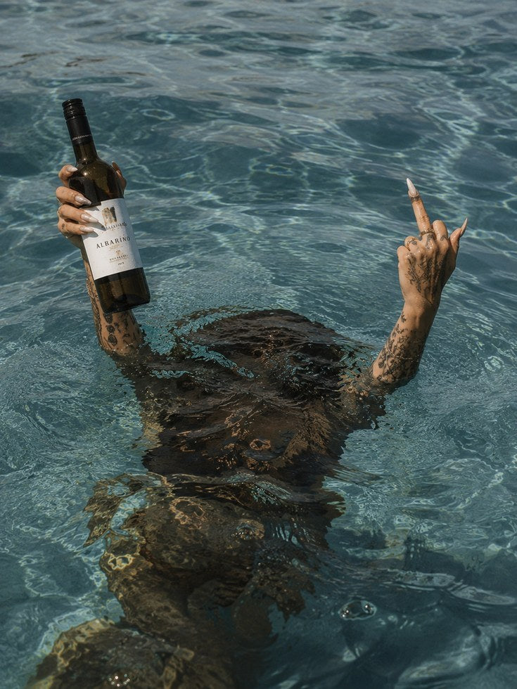 Wine Bottle in Ocean Art Print: Surreal Turquoise Water Photography - artwork on paper