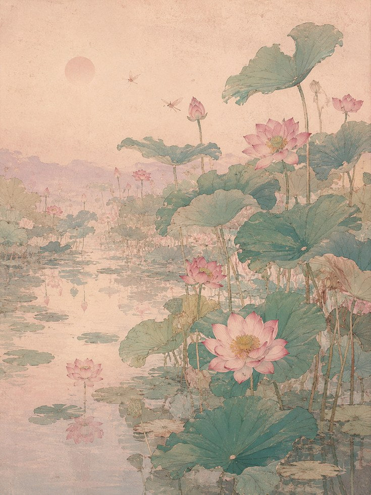 Lotus Pond Wall Art: Japanese Botanical Watercolor Print - artwork on paper