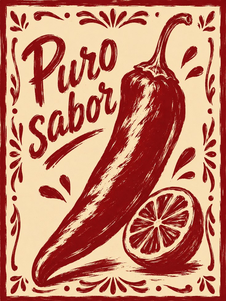Puro Sabor Chili Pepper Poster: Vintage Mexican Folk Art Print - artwork on paper
