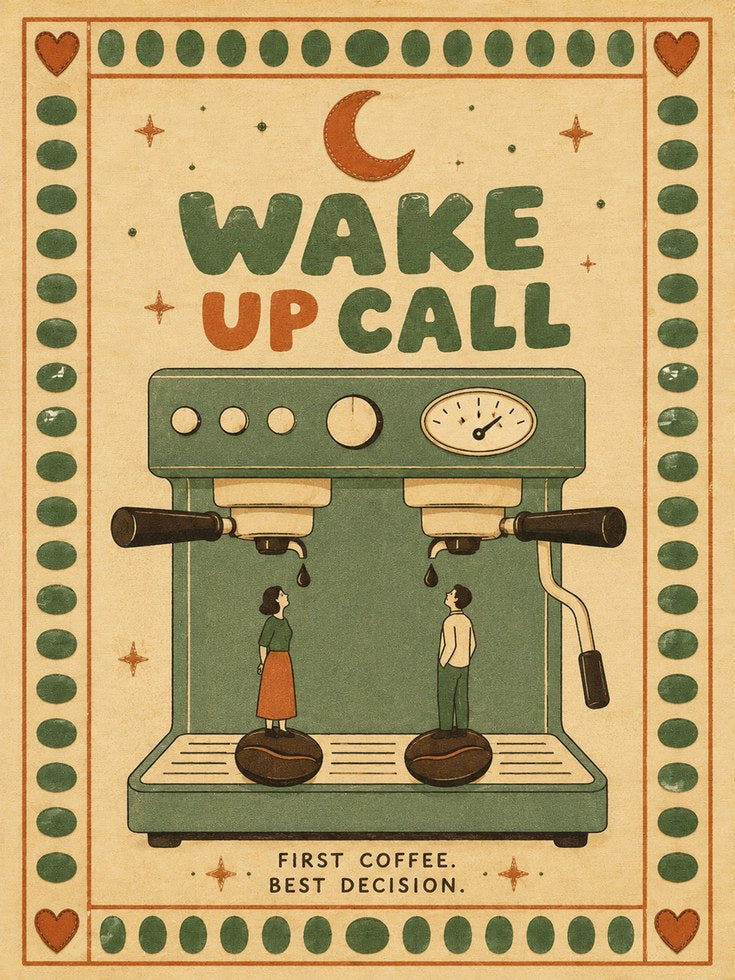 Wake Up Call Coffee Machine Print: Retro Vintage Kitchen Art - artwork on paper