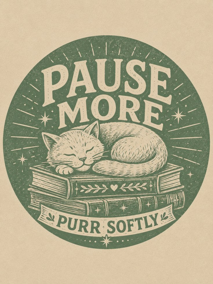 Pause More Vintage Cat Poster: Retro Green Linocut Art Print - artwork on paper