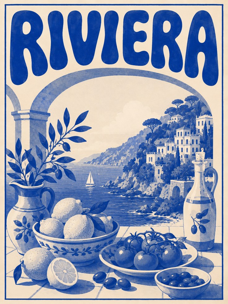 Italian Riviera Wall Art: Vintage Coastal Scene - artwork on paper