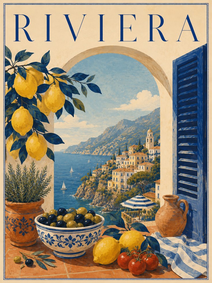 Riviera Wall Art Print: Vintage Italian Coastal View - artwork on paper