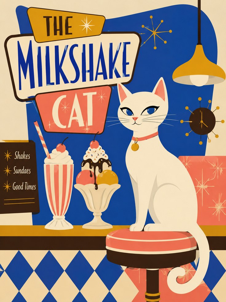 Retro Diner Wall Art – Mid Century Cat Print - artwork on paper