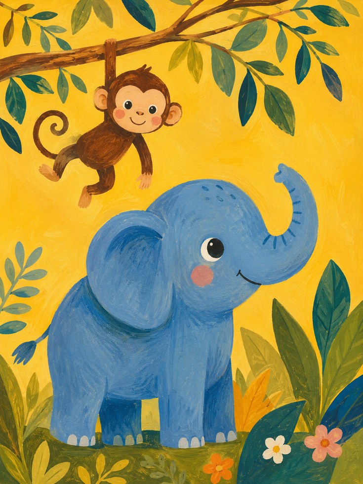 Jungle Nursery Wall Art – Elephant Monkey Print - artwork on paper