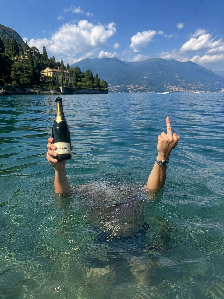 Italian Lake Life Wall Art: Champagne and Mountain Vista - artwork on paper