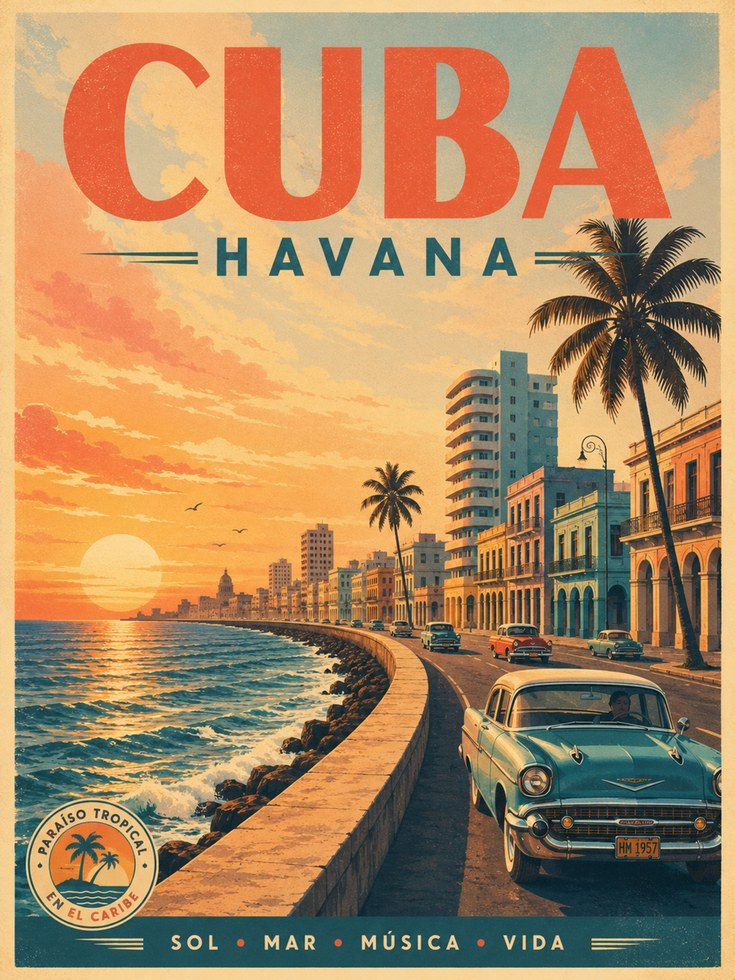 Cuba Travel Poster – Havana Vintage Print - artwork on paper
