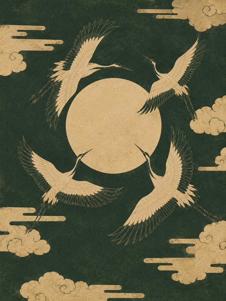 Japanese Cranes and Moon Art Print: Traditional Gold Green Design - artwork on paper