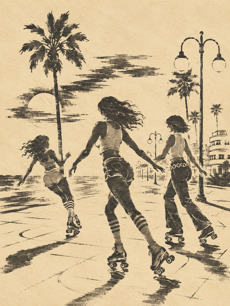 Roller Skating Wall Art – Retro Beach Print - artwork on paper