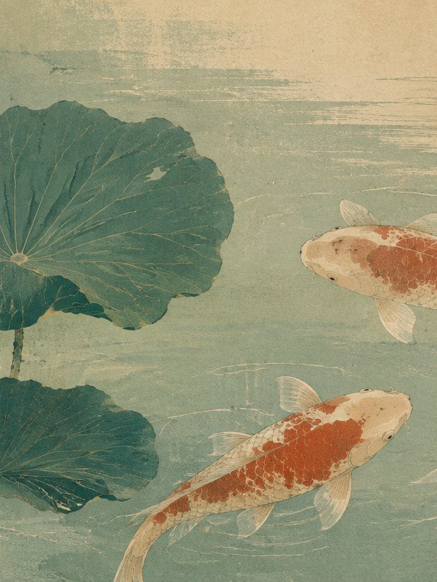 Japanese Koi Fish Print: Vintage Lotus Pond Wall Art - artwork on paper