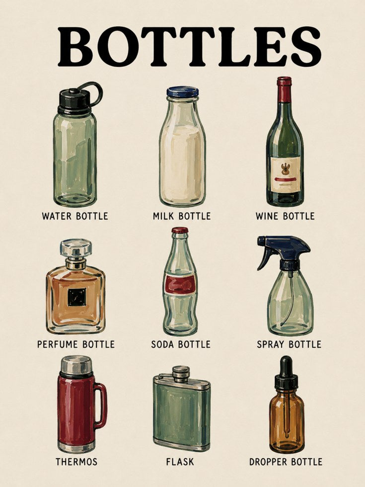 Bottles Reference Chart Poster: Vintage Educational Wall Art - artwork on paper