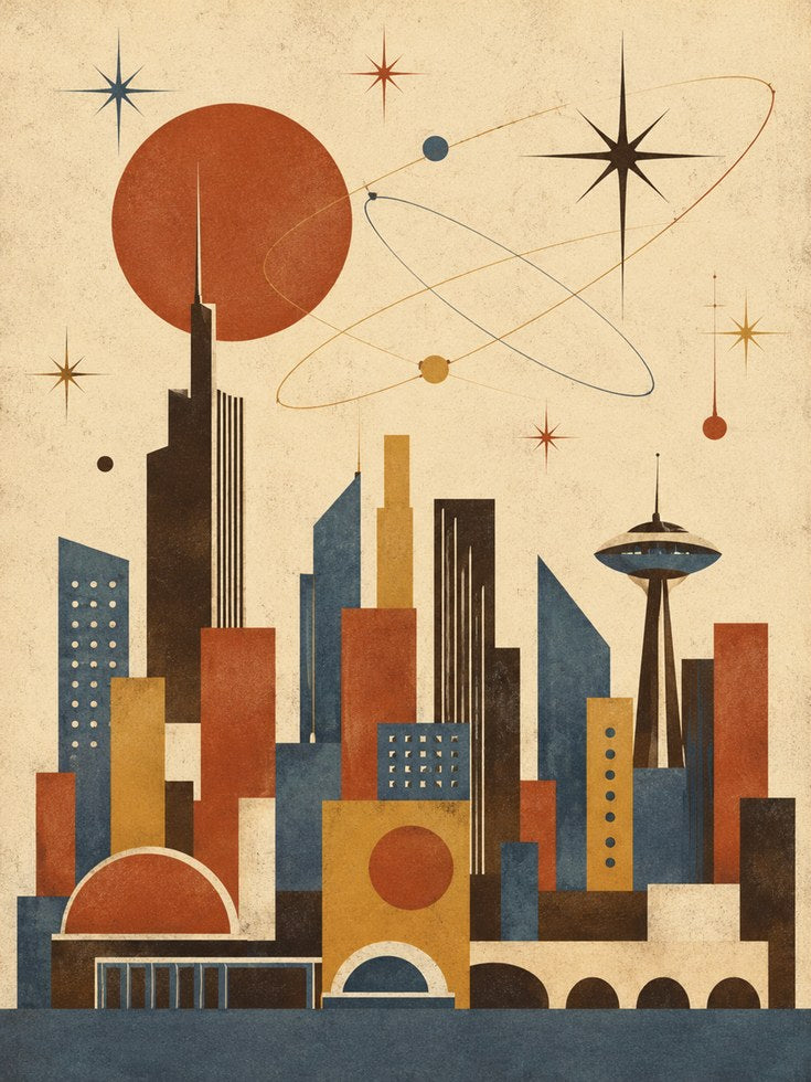 Retro Futuristic Cityscape Art Print: Mid-Century Modern Space Age - artwork on paper
